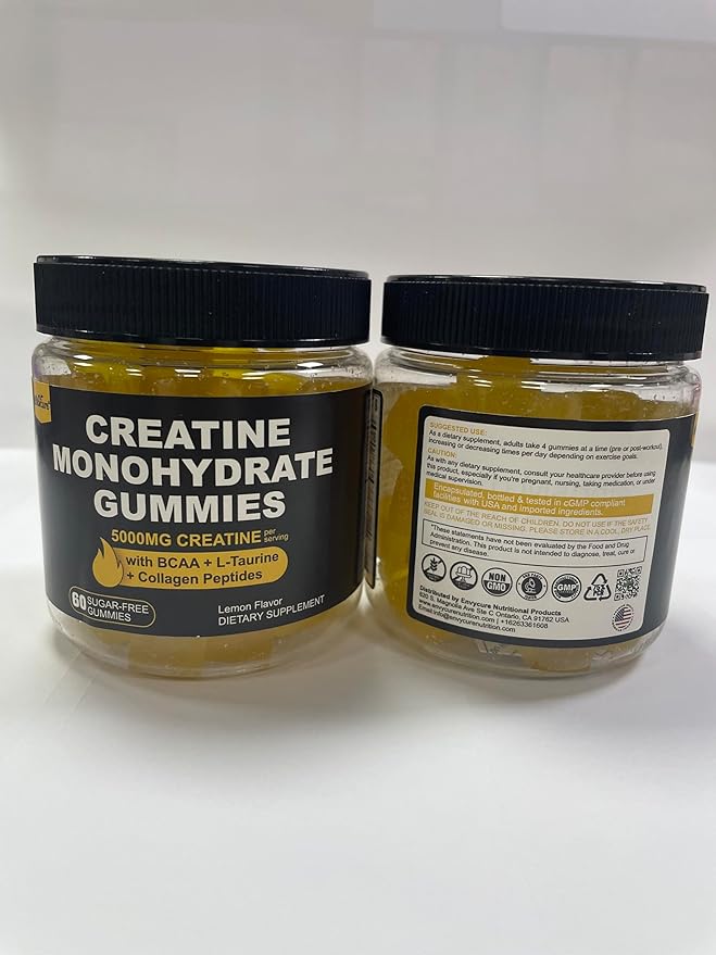 Creatine Monohydrate Gummies for Men &amp Women - with BCAA Collagen Peptides L-Taurine Vitamin B12 D3 Chewables Creatine Monohydrate 5g Per Serving Natural Lemon Flavor Sugar Free 2 Pack