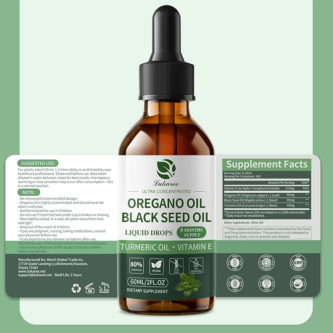 Oil of Oregano Drops with Black Seed Oil Turmeric Oil Vitamin E &amp Olive Oil Based Immune Digestive Cleanse &amp Detox* 80% Carvacrol Cold-Pressed Natural Aceite de Oregano 2 Fl Oz 8 Month S
