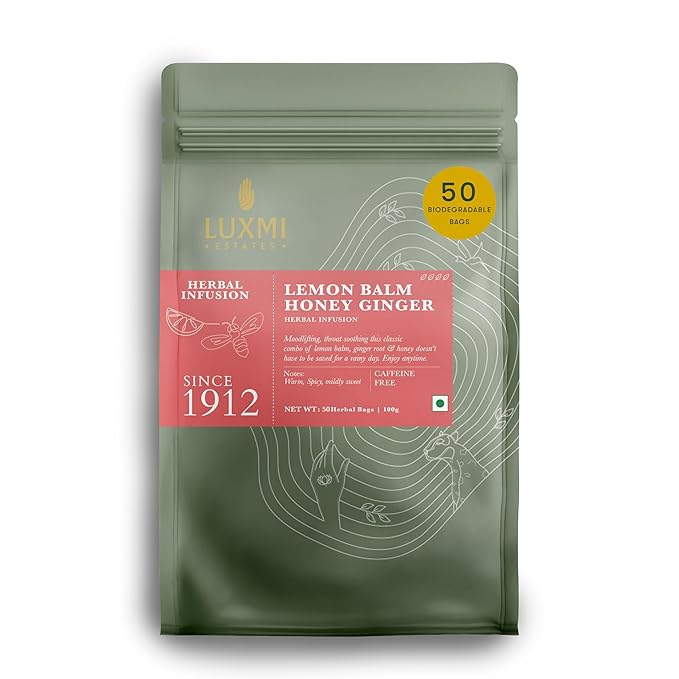 Luxmi Estates Lemon Balm Honey Ginger Organic Lemon Balm Tea (50 Tea Bags) Caffeine Free Tea Bags For Relaxing Calming and Stress Relief With Certified Organic Lemon Balm Tea