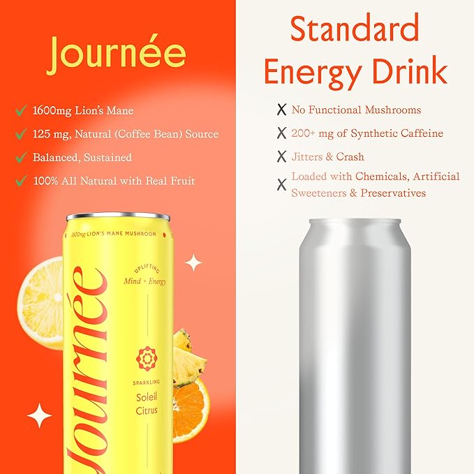 Journée Wellness Energy Drink Natural Caffeine Lion’s Mane L-Theanine 125 mg Caffeine Real Fruit All Natural 0 Added Sugar Cognition Immunity - Soleil Citrus - Tropical Citrus – 12 Pack