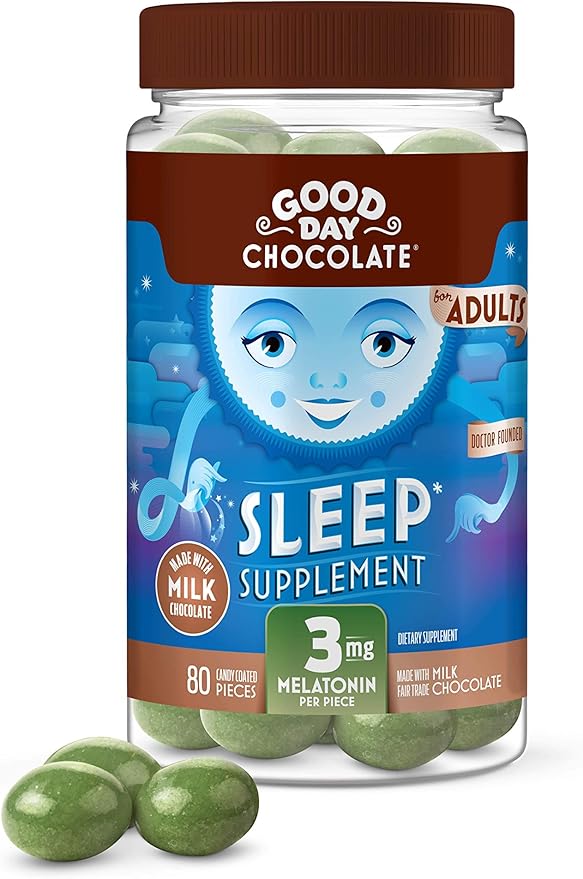 Good Day Chocolate Melatonin for Adults [ 80 Count ] - Fair Trade Non-GMO Chocolate with Chamomile and Melatonin 3 mg - Adult Melatonin Adult Natural Sleep Aid Supplement