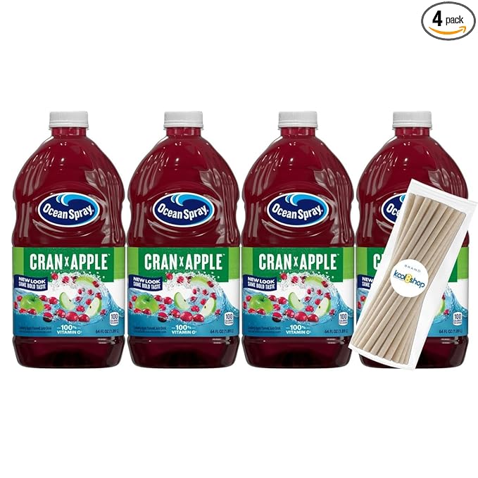 Ocean Spray Cran Apple Fruit Juice Drink 64 fl oz Plastic Bottle 4 Pack + 15 Sugarcane Disposable Straws by KOOL8SHOP Infinite Deals