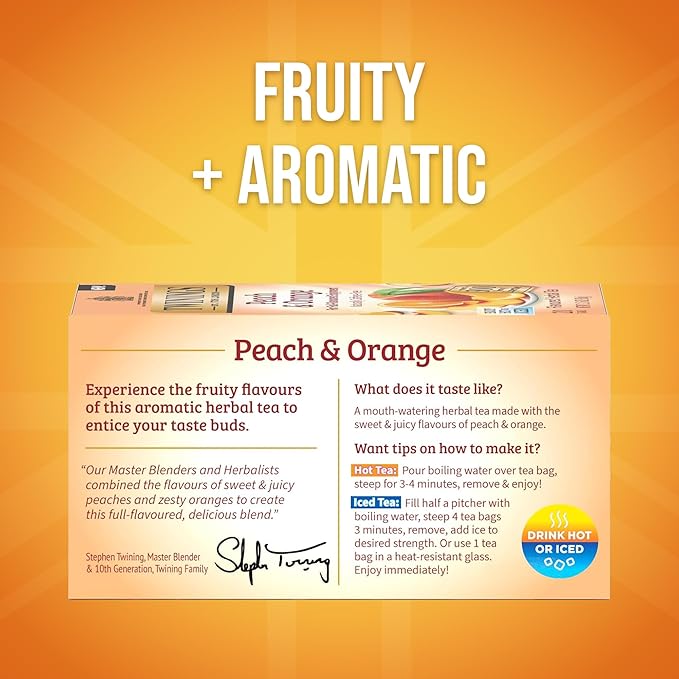 Twinings Peach &amp Orange Herbal Tea Individually Wrapped Bags 20 Count (Pack of 6) Juicy &amp Fruity Naturally Caffeine-Free Enjoy Hot or Iced 120 Teabags