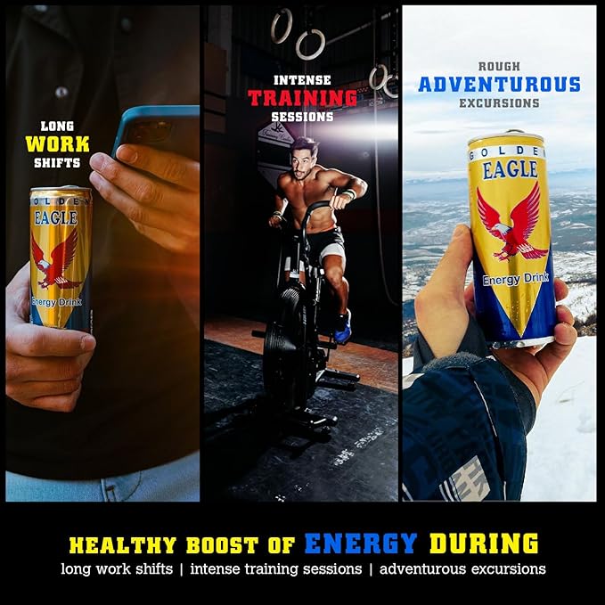 Golden Eagle Energy Drink - 8.4 fl oz Cans (24-Pack) - Albanian Energy Drink Real Sugar Enhanced Energy &amp Focus Vitamins &amp Minerals Perfect for Athletes &amp Professionals Natural Taste M