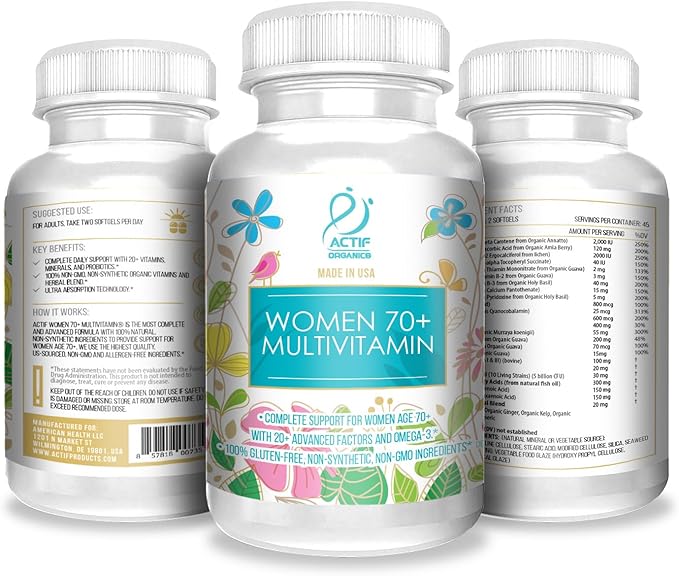 ACTIF Organic Multivitamin for Women Age 70+ with 20+ Advanced Factors and Omega-3 Non-GMO Made in USA 90 Count