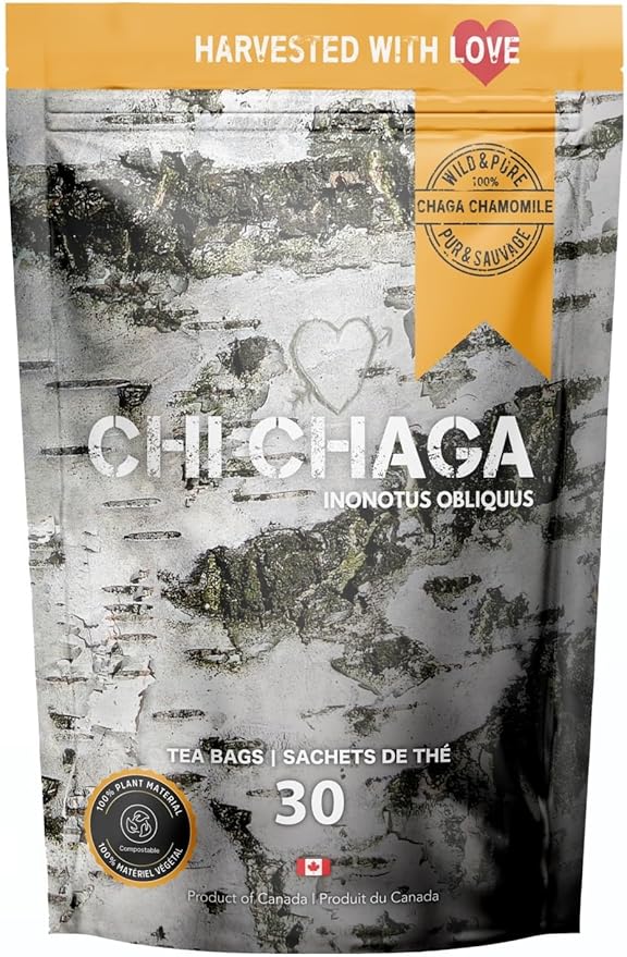 Premium 100% Wild Harvested Chaga Mushroom &amp Chamomile Combo - 30 Tea Bags