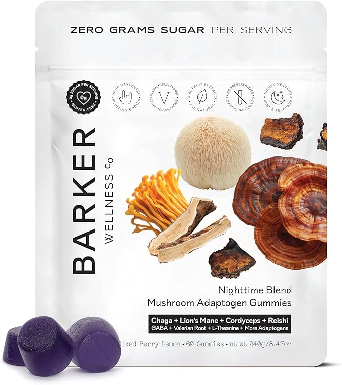 Barker Wellness Nighttime Vegan Sugar-Free Adaptogen Mushroom Gummies – Reishi Lion's Mane Chaga Cordyceps for Calm Rest &amp Recovery – Non-GMO Sleep Support &amp Relaxation Supplement 60 Coun