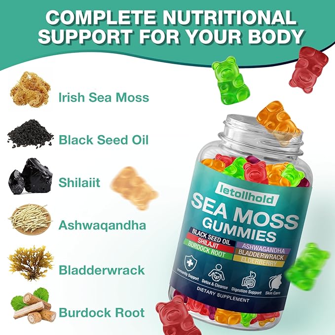 Sea Moss Gummies - Irish Sea Moss Gummies Advanced for Adults with Ashwagandha Bladderwrack &amp Burdock Root for Supports ImmuneEnergy - 60 Vegan Gummy4PCS