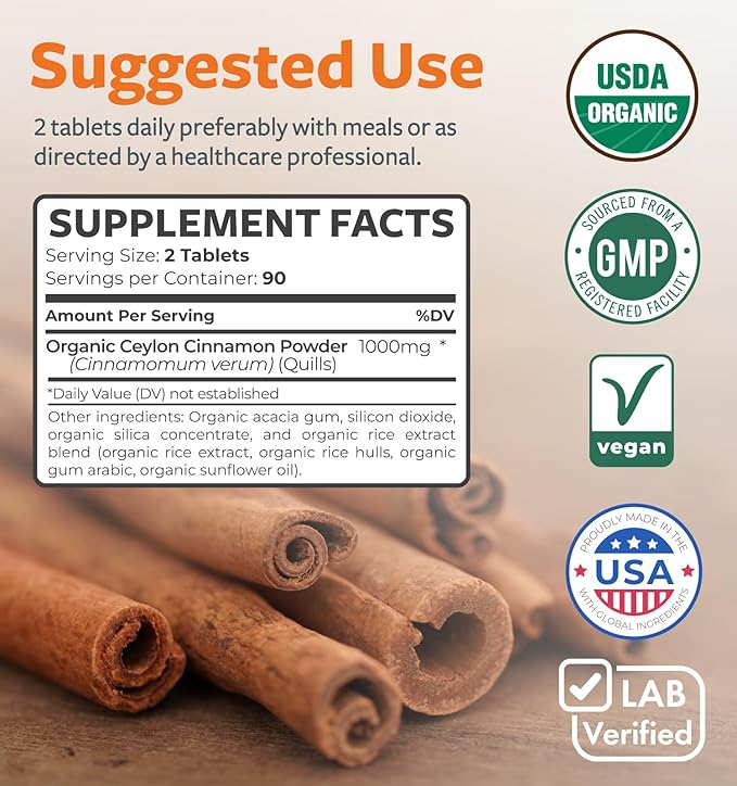 USDA Organic Ceylon Cinnamon Pills - High Potency Ceylon Cinnamon Supplement with 1000mg per Serving for Full Body Antioxidant Support - Vegan Non-GMO cGMP Made &amp Lab Verified (3 Months Supply)