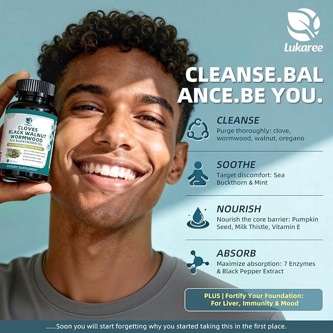 Lukaree Wormwood Black Walnut Clove Cleanse for Humans Softgels 20-in-1 Extra Strength | Gut Cleanse &amp Digestive Health w/ 7 Oils &amp 7 Enzymes | 10X Concentrated Men &amp Women Natural Herb