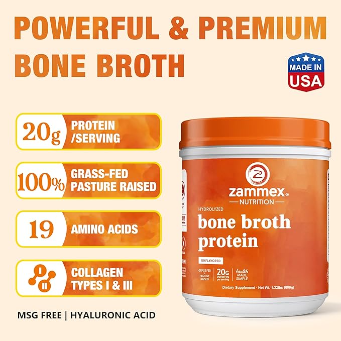 Zammex Pure Grass Fed Beef Bone Broth Protein Powder 20g Protein Hydrolyzed Collagen Supplement for Healthy Skin Nails Hair Joints Non-GMO Gluten Free Paleo &amp Keto Friendly Great in Soup