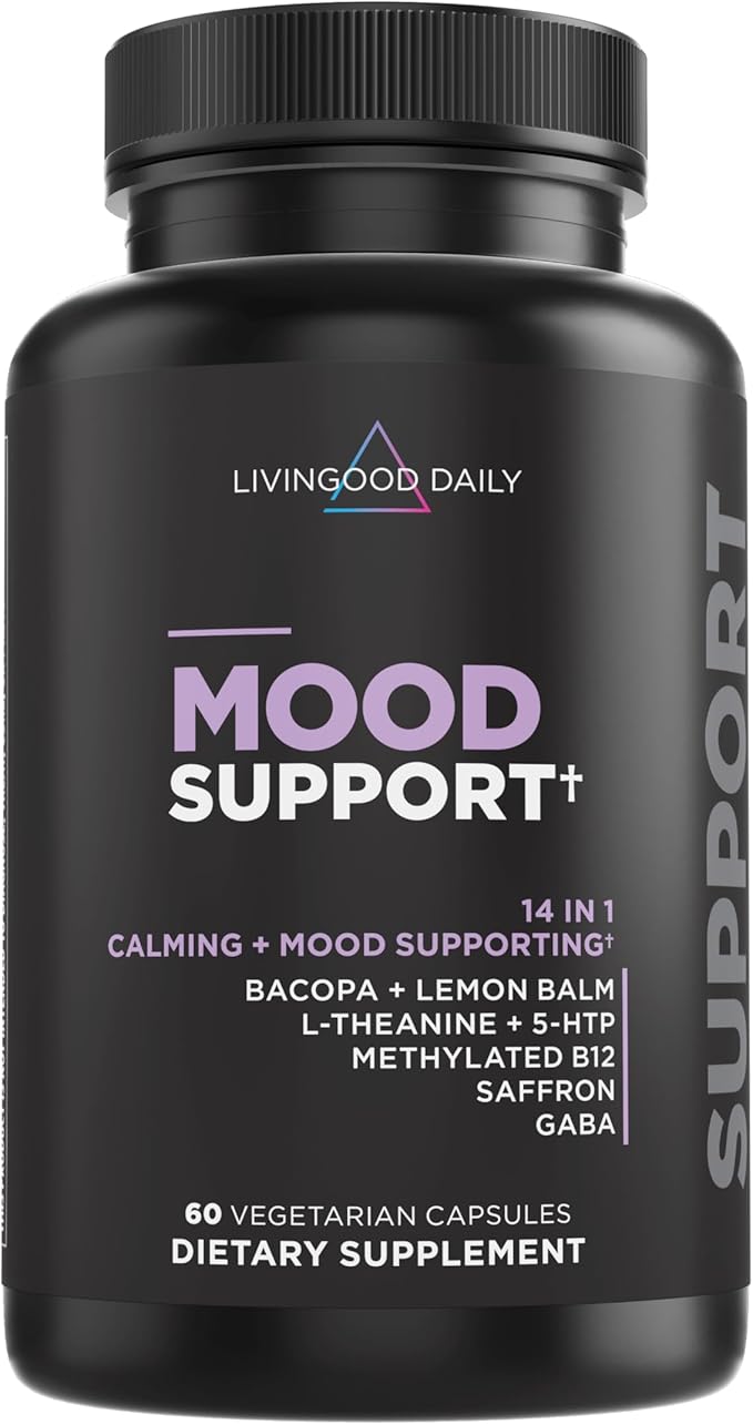 Livingood Daily Mood Support Supplement for Women &amp Men 14-in-1 Formula with L Theanine Lemon Balm GABA Saffron 5-HTP &amp B12 Supports Focus &amp Emotional Wellness Gluten Free Vegan 6