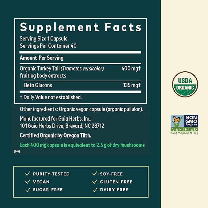 Gaia Herbs Turkey Tail Mushroom - Traditional Immune Support &amp Liver Health Supplement* - with Organic Turkey Tail Mushroom Fruiting Body Extract - 40 Vegan Capsules (40 Servings)