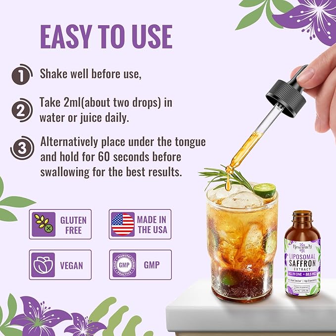 Resciency Liposomal Saffron Supplements Drops 88.5mg – High Bioavailability Liquid Saffron Extract for Mood Support Energy Focus &amp Vision with Ashwagandha Magnesium Zinc B12 &amp D3 4 fl oz
