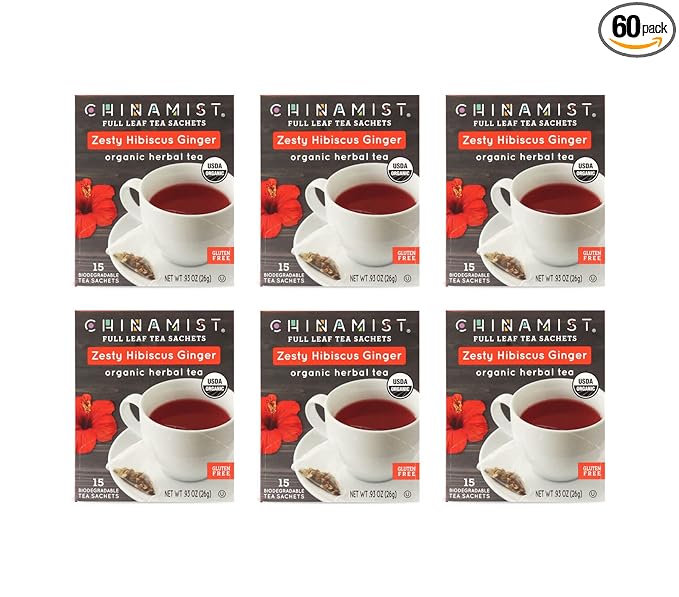 China Mist Zesty Hibiscus Ginger Organic Herbal Tea 15 tea satchets (6-pack)
