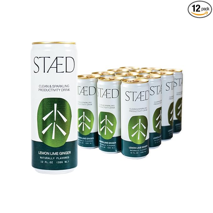Drink Staed Lemon Lime Ginger Productivity Drink Sparkling Functional Beverage 12-Pack – With Cognizin® Citicoline &amp L-Theanine Organic Clean Caffeine Healthy Energy Drink