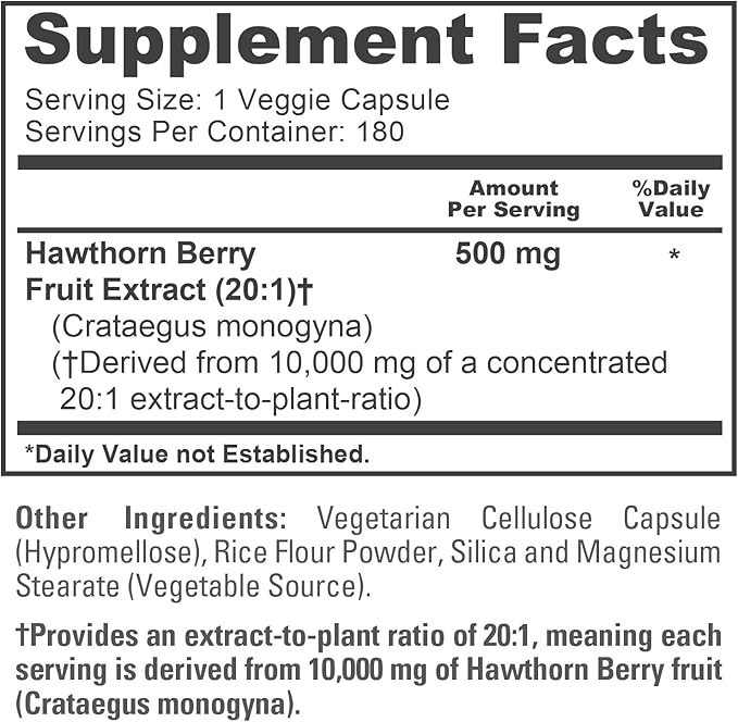 NusaPure Hawthorn Berry 20:1 Extract 500 mg Equivalent to 10000 mg 180 Veg Caps Suitable for Vegetarians Vegan Non-GMO Dietary Supplement