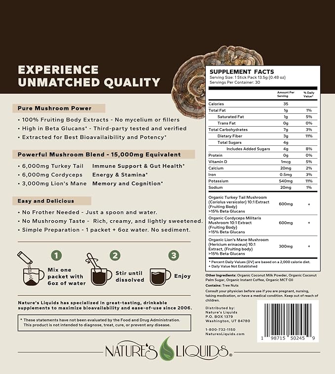 Nature's Liquids Ultimate Mushroom Coffee Latte - 15000 mg Organic Fruiting-Body Mushrooms per Serving - Lion's Mane Turkey Tail Cordyceps - Focus &amp Immune Support - 30 Stick Packs