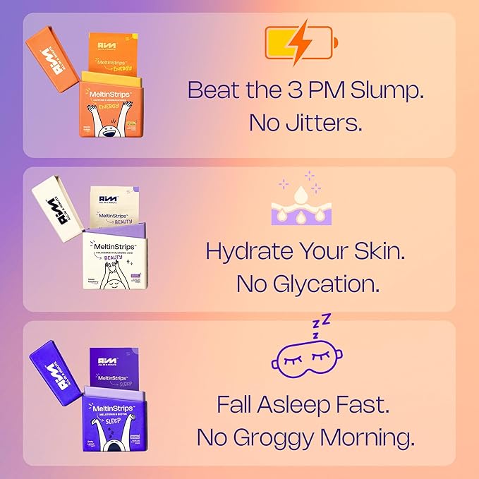 MeltinStrips® Daily Wellness Essentials | Nootropic Energy for Focus Drug-Free Sleep Aid &amp Skin Glow | Vegan Sugar-Free 24-Hour Wellness Kit | 90 Fast Dissolving Oral Strips