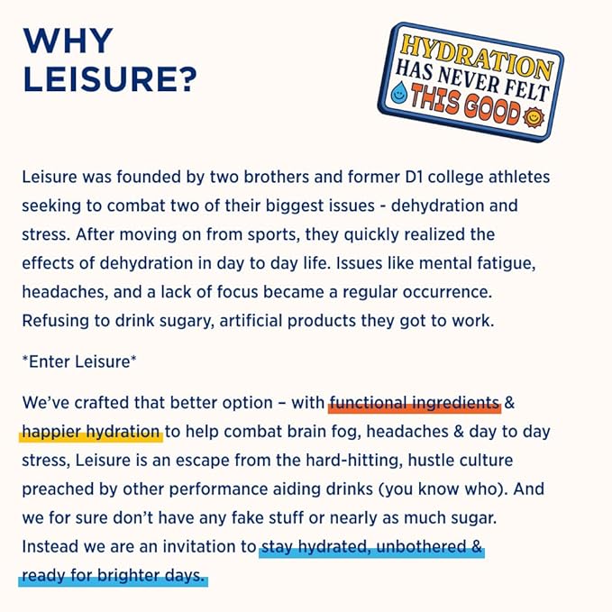 Leisure Hydration Non-Carbonated Electrolyte Refresher Wild Blueberry Flavor - Low Sugar Nutrient Enhanced Water Beverage - Get The Best Hydration Packed w/ Magnesium &amp Ashwagandha For Mood &amp