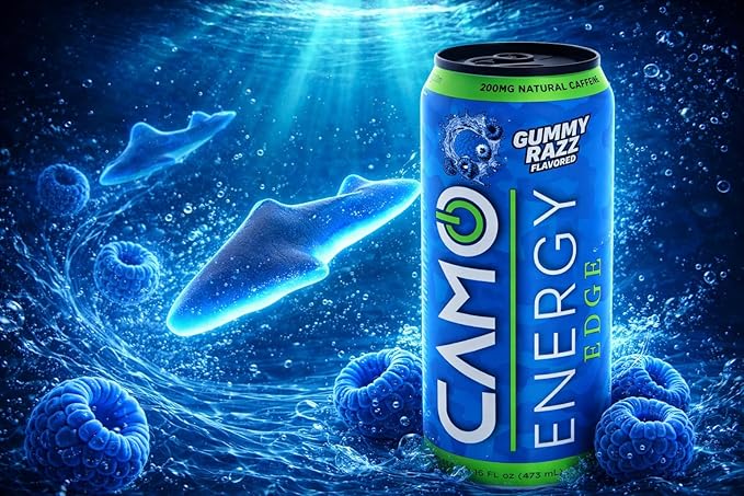 CAMO Energy Edge Gummy Razz Flavor Energy Drink 16oz Cans 12 Pack Ultra Premium Caffeine Blend with Infinergy® DiCaffeine Malate Cognizin® Citicoline for Cognitive Fitness Zero Sugar