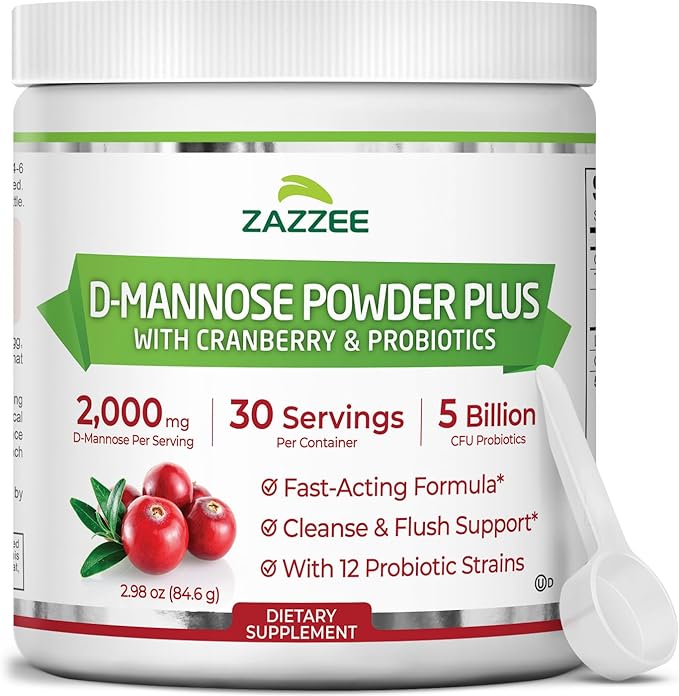 Zazzee D-Mannose Powder Plus 2000 mg 30 Servings Plus 5 Billion CFU Probiotics and Pure Cranberry Juice Extract Certified Kosher Free Scoop 2.98 oz Urinary Tract Support Non-GMO All-Natural