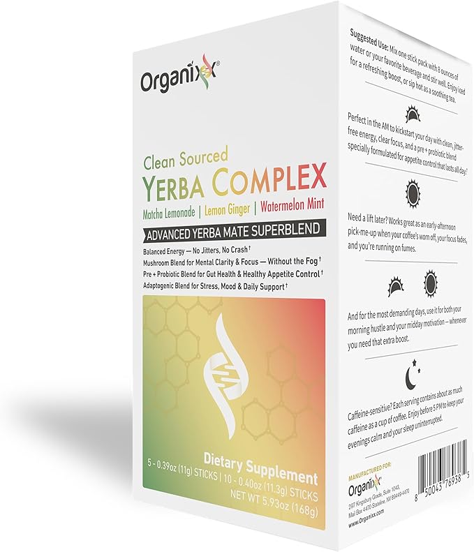 Organixx Clean Sourced Yerba Complex Yerba Mate Superblend Powder Drink Mix with Ashwagandha Natural Caffeine Pre &amp Probiotics &amp Fiber Dairy and Gluten Free Variety Pack 15 Travel Packe