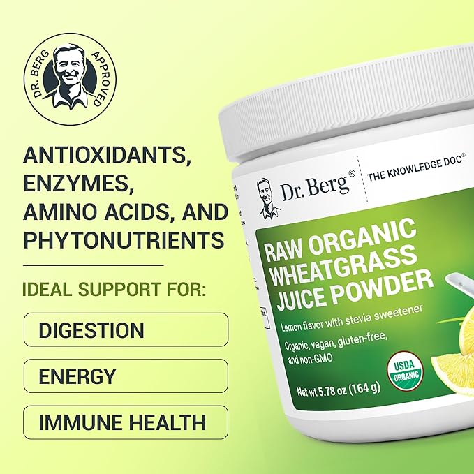 Dr. Berg USDA Certified Organic Green Powder Superfood (60 Servings) - Made with Raw Wheatgrass Chlorophyll Trace Minerals &amp Natural Enzymes - Non-GMO Green Superfood Powder - Lemon Flavor
