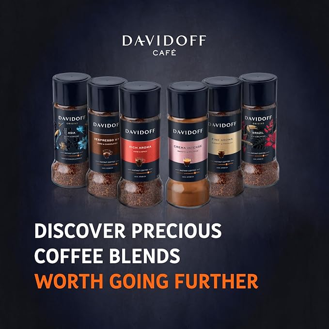 DAVIDOFF Crema Intense Instant Coffee - Smooth and Rounded - Full-body. Delicate Aroma and Elegant Acidity - 100% Arabica Beans - 9/12 Intensity. 10/12 Roasting. 4/12 Acidity - 2 x 3.17 oz