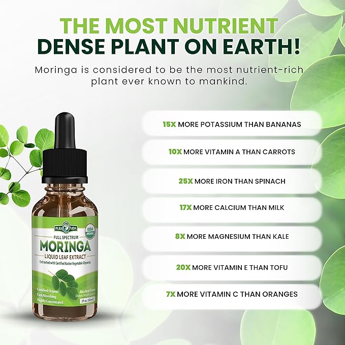 PURA VIDA MORINGA Leaf Extract Liquid Drops - USDA Organic Certified - Highly Purified Bioavailable &amp Faster Absorption than Moringa Powder or Capsules - Single Origin Moringa Oleifera Leaves Ext
