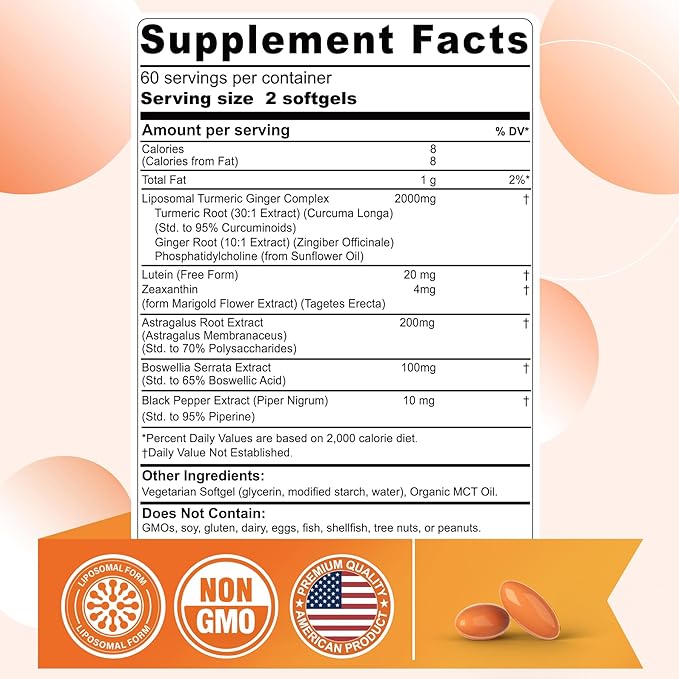 Liposomal Turmeric Ginger Curcumin Complex Supplement Pills 2000mg Organic Turmeric Root with Black Pepper Lutein and Zeaxanthin Supplements Liquid Softgels 95% Curcuminoids Non-GMO 240ct