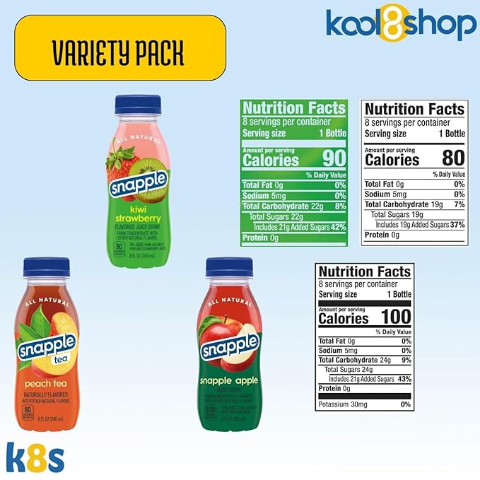 Snapple Variety Pack All Natural Juice Drink 8 fl oz Mini Plastic Bottle 24 Pack + 2 Reusable Snack Bags by KOOL8SHOP Infinite Deals