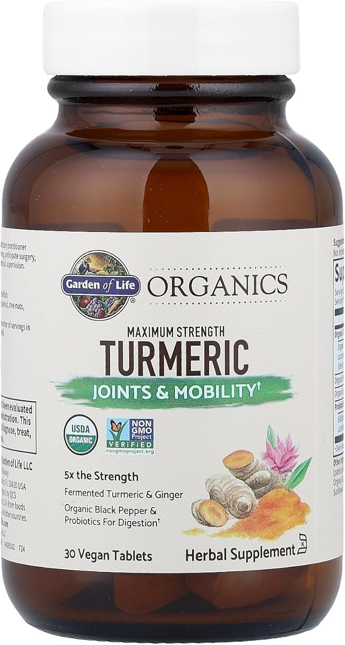 Garden of Life Organics Maximum Strength Turmeric Joints &amp Mobility Support 30 Tablets - 500mg Curcumin (95% Curcuminoids) Black Pepper - Organic Non-GMO Vegan &amp Gluten Free Herbal Supplements