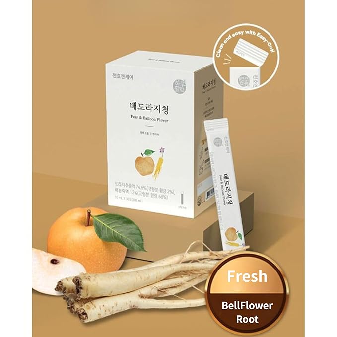 ChunhoNcare Korean Pear and Bellflower Root Juice (10ml × 30sticks) 100% Korean Balloonflower with Honey Quince &amp Jujube Traditional Korean Drink Easy-Cut Stick Pouch