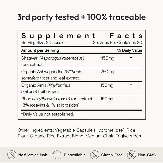Moon Juice SuperYou Ashwagandha Supplements with Rhodiola Shatavari &amp Amla - Cortisol Reducer for Energy Mood Focus and Stress Support Vegan Non-GMO &amp 100% Traceable 60 Capsules 30 Serv