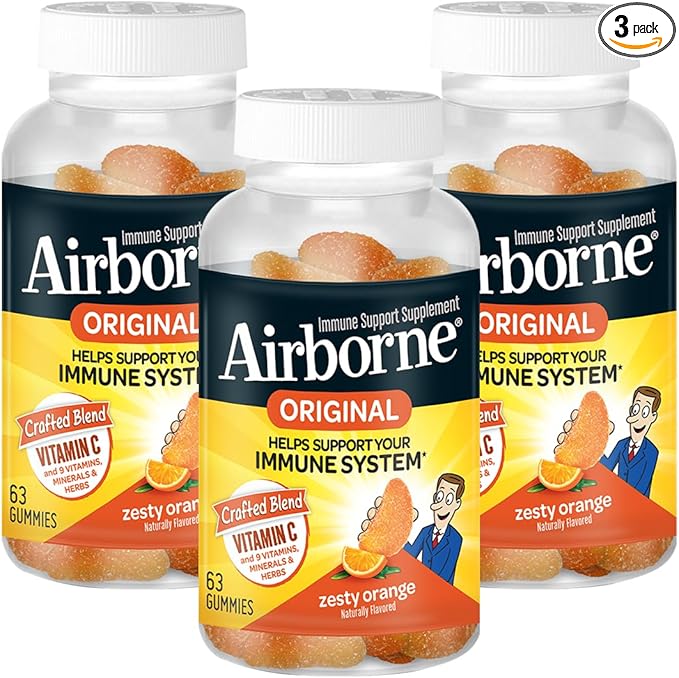 Airborne 750mg Vitamin C Immune Support Supplement Gummies for Adults Zesty Orange Flavor Gluten Free Crafted Blend with Powerful Antioxidants Vitamins A C &amp E 63 Gummies (3 Pack)