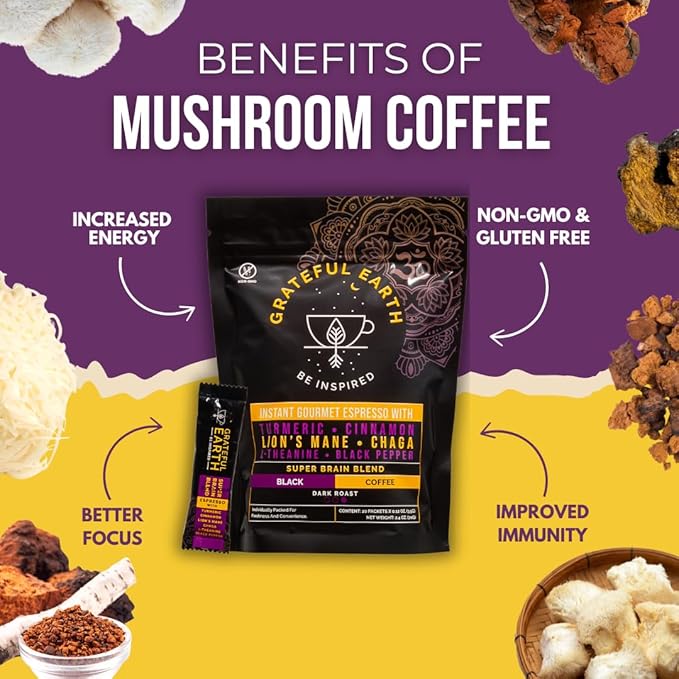 Grateful Earth Mushroom Coffee Espresso Instant Coffee with Cinnamon Turmeric Lion’s Mane Mushrooms L-Theanine Chaga Super Brain Blend Energy &amp Immune Support Dairy &amp Gluten Free 2 Bag