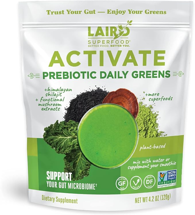 Laird Superfood Activate Prebiotic Daily Greens Powder Drink Supplement Himalayan Shilajit Powder and Functional Mushrooms Supports Gut Microbiome 4.2 Oz Bag Pack of 1
