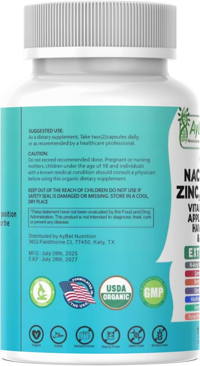 NAC-n-acetyl cysteine- Quercetin Zinc Bromelain Supplement | Extra Strength with Vit C D3 Apple Cider Vinegar Elderberry Hawthorn Berry Turmeric | Immune Support|120 Vegan Capsules | USDA Organic