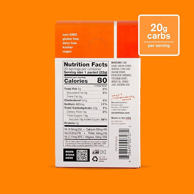Skratch Labs Hydration Sports Drink Mix Packets – Real‑Fruit Electrolyte Powder for Fast Hydration &amp Endurance | Orange | 20 Pack | Vegan Non‑GMO Clean Ingredients