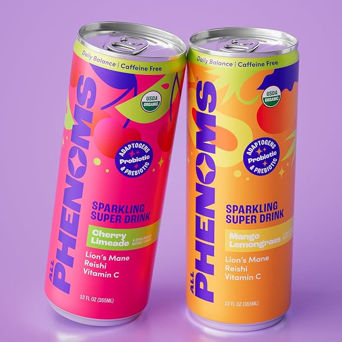 All Phenoms Sparkling Organic Prebiotic &amp Probiotic Drink - Adaptogen Mushroom Blend (Lions Mane &amp Reishi) L-Theanine Caffeine Fiber B12 C Zinc Gluconate (No Stevia) - Variety Pack 12 P