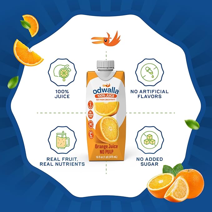 Odwalla 100% Pure Orange Juice No Pulp – Hand-Picked OJ Juice - Vitamin C - No Sugar Added No Artificial Ingredients No Preservatives - 16 fl oz (12 Pack)