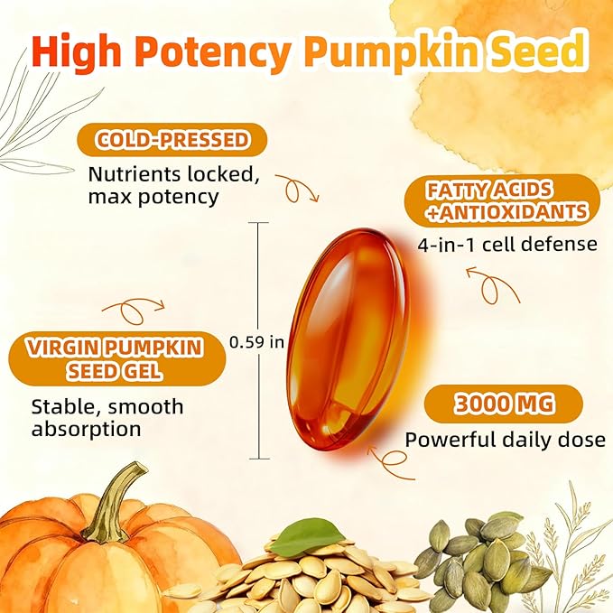 4-in-1 Pumpkin Seed Oil 3000mg with Saw Palmetto &amp Vitamin D3 – Cold Pressed Softgels for Hair Prostate &amp Bladder Wellness – Non-GMO 300 Capsules (100-Day Supply)