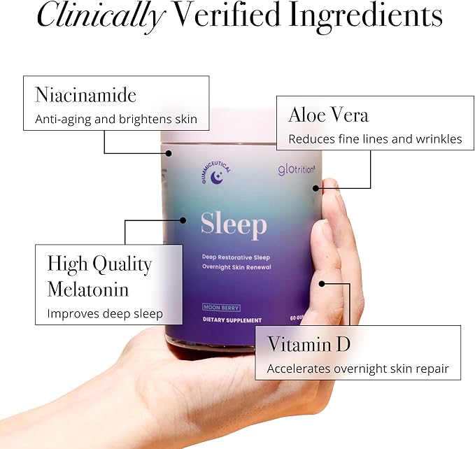Glotrition Beauty Sleep Gummy | Deeper Higher Quality Sleep | Rejuvenate &amp Moisturize Skin at Night | Non-Habit Forming with Natural Ingredients | 60 Gummies