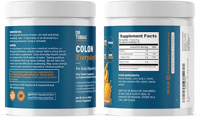 Dr. Tobias Colon Everyday Health - Gut Health for Women &amp Men - Psyllium Fiber Powder Drink with 4g Psyllium Husk Powder per Serving Vegan Gluten Free Non-GMO Peach Mango 60 Servings