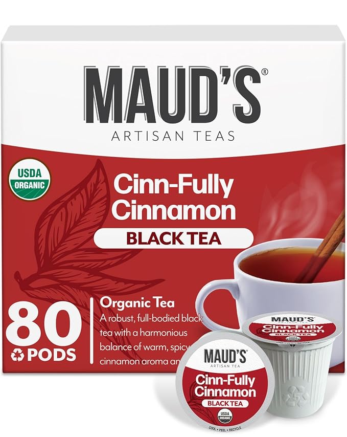 Maud's Organic Cinnamon Black Tea Pods 80 ct Single Serve Tea Pods – 100% Gourmet Blended Tea Leaves Compatible with Keurig K Cups Maker
