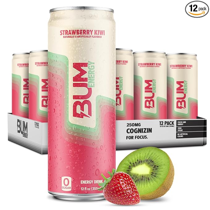 BUM Sugar-Free Energy Drink Strawberry Kiwi - Lightly Carbonated and Gluten Free with 112mg of Natural Caffeine &amp Nootropics for Energy &amp Focus Brain Boost Preworkout - 12 Fl Oz Pack of 12