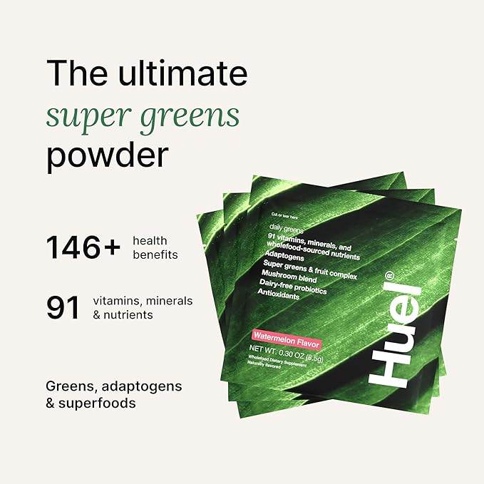 Huel Daily Greens Single Serve Watermelon| Superfood Greens Powder | 91 Vitamins Minerals and Wholefood-Sourced Ingredients | Adaptogens Antioxidants Gut-Friendly Probiotics | 12 Pack