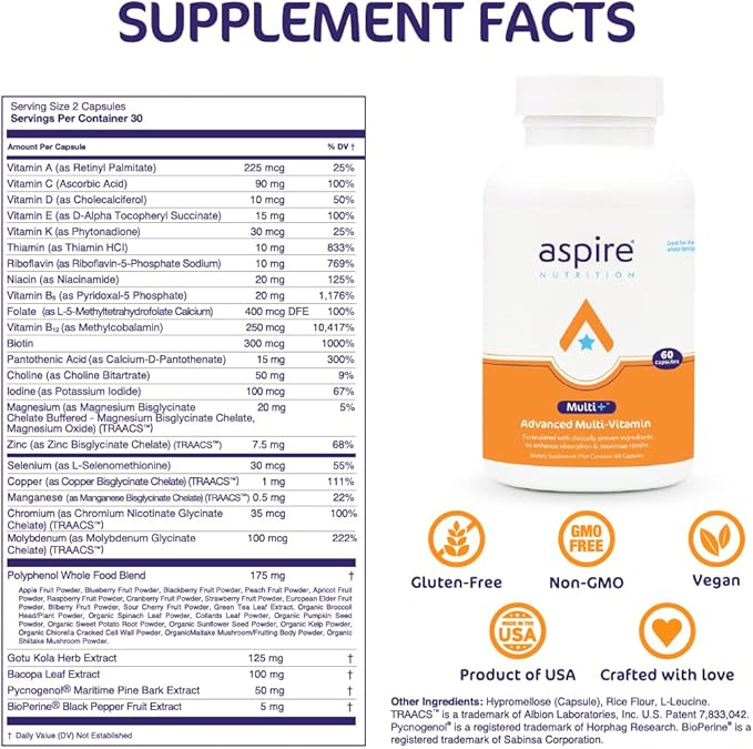Aspire Multi+™ Advanced Multivitamin for Men Women &amp Kids - Best Supplement for Focus Attention Memory Mood. More Absorbent Nutrients Minerals and Vitamins - All Natural
