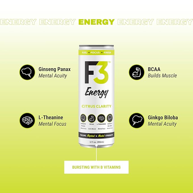 F3 Energy Citrus Clarity Energy Drink - Muscle Building Sports Drinks w/BCAA Panax Ginseng &amp Ginkgo Biloba - Natural Energy Drinks for Mental Focus &amp Muscle Recovery 125 mg Caffeine (12 pack